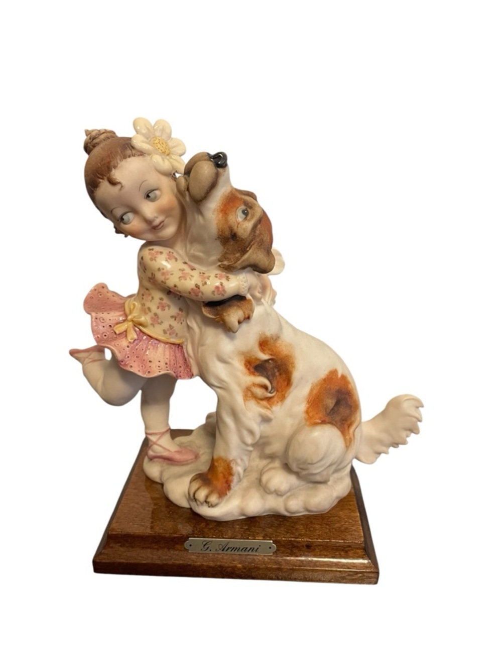 Giuseppe Armani Florence Figurine Girl Hugging Dog 1994 Made in Italy Wood Base